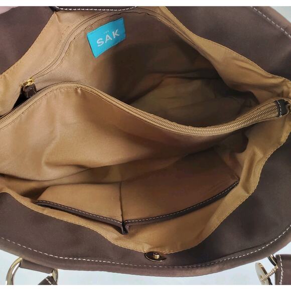 The SAK Beige Brown Stripe Crochet Shoulder Bag Purse Double Handle Satchel - Picture 12 of 16